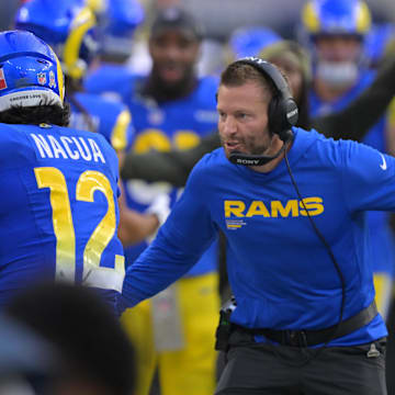 Nov 2, 2025; Inglewood, California, USA; Los Angeles Rams head coach Sean McVay and wide receiver Puka Nacua (12) react after a touchdown against the New Orleans Saints during the first half at SoFi Stadium. Mandatory Credit: Jayne Kamin-Oncea-Imagn Images
