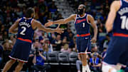 Mar 11, 2025; New Orleans, Louisiana, USA; Los Angeles Clippers forward Kawhi Leonard (2) and Los Angeles Clippers guard James Harden (1) react  during the second half against the New Orleans Pelicans at Smoothie King Center. Mandatory Credit: Matthew Hinton-Imagn Images