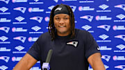 May 9, 2025; Foxborough, MA, USA; New England Patriots center Jared Wilson (58) speaks to the media after rookie camp at Gillette Stadium. Mandatory Credit: Eric Canha-Imagn Images