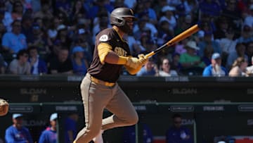 Mar 21, 2025; Mesa, Arizona, USA; San Diego Padres outfielder Tirso Ornelas (21) hits against the Chicago Cubs in the first inning at Sloan Park. Mandatory Credit: Rick Scuteri-Imagn Images