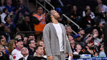 Apr 1, 2025; New York, New York, USA; New York Knicks guard Jalen Brunson  reacts to a call during the second half against the Philadelphia 76ers at Madison Square Garden. Mandatory Credit: John Jones-Imagn Images