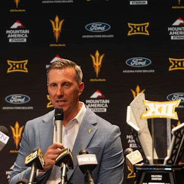 Arizona State athletic director Graham Rossini speaks to members of the media during a news conference at the Walter Cronkite School of Journalism and Mass Communication in Phoenix on June 26, 2025.
