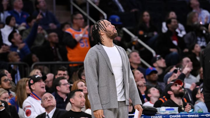 Apr 1, 2025; New York, New York, USA; New York Knicks guard Jalen Brunson  reacts to a call during the second half against the Philadelphia 76ers at Madison Square Garden. Mandatory Credit: John Jones-Imagn Images