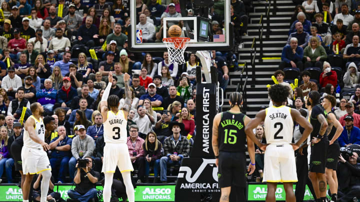 Nov 25, 2023; Salt Lake City, Utah, USA; Utah Jazz guard Keyonte George (3) takes a free throw shot against the New Orleans Pelicans during the second half at Delta Center. Mandatory Credit: Christopher Creveling-USA TODAY Sports