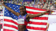 Jasmine Moore celebrates a third place finish in the women's triple jump final in the Paris 2024 Olympic on Aug. 3, 2024.