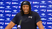 May 9, 2025; Foxborough, MA, USA; New England Patriots center Jared Wilson (58) speaks to the media after rookie camp at Gillette Stadium. Mandatory Credit: Eric Canha-Imagn Images