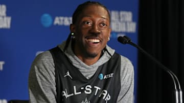 Feb 15, 2025; Oakland, CA, USA; Kenny’s Young Stars guard Jalen Williams (8) of the Oklahoma City Thunder talks to media members during the NBA All Star-Practice at Oakland Arena. Mandatory Credit: Darren Yamashita-Imagn Images