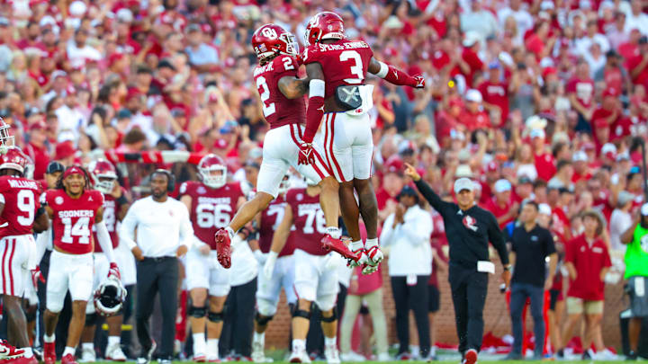 Aug 30, 2024; Norman, Oklahoma, USA;  Oklahoma Sooners defensive back Robert Spears-Jennings (3) celebrates with Oklahoma Sooners defensive back Billy Bowman Jr. (2) after recovering a fumble during the second quarter against the Temple Owls at Gaylord Family-Oklahoma Memorial Stadium. Mandatory 