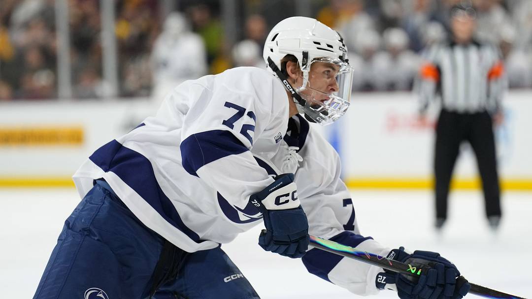 Oct 3, 2025; Tempe, AZ, USA; Penn State Gavin McKenna (72) in action against the Arizona State during the third period at Mullett Arena. Mandatory Credit: Joe Camporeale-Imagn Images