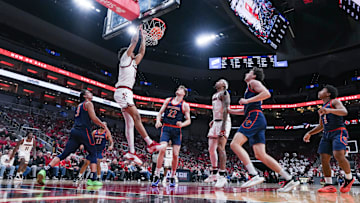 Louisville Cardinals forward Sananda Fru (13) slams down two points as the Cards roll on visiting Bucknell during an exhibition game at the KFC Yum! Center in Louisville, Kentucky Tuesday October 28, 2028.