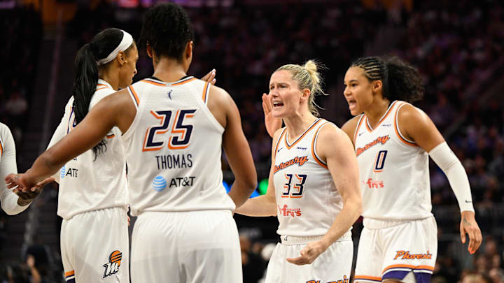 Aug 19, 2025; San Francisco, California, USA; Phoenix Mercury guard Sami Whitcomb (33) celebrates with teammates against the Golden State Valkyries in the fourth quarter at Chase Center. Mandatory Credit: Eakin Howard-Imagn Images Aug 19, 2025; San Francisco, California, USA; Phoenix Mercury guard Sami Whitcomb (33) celebrates with teammates against the Golden State Valkyries in the fourth quarter at Chase Center. Mandatory Credit: Eakin Howard-Imagn Images