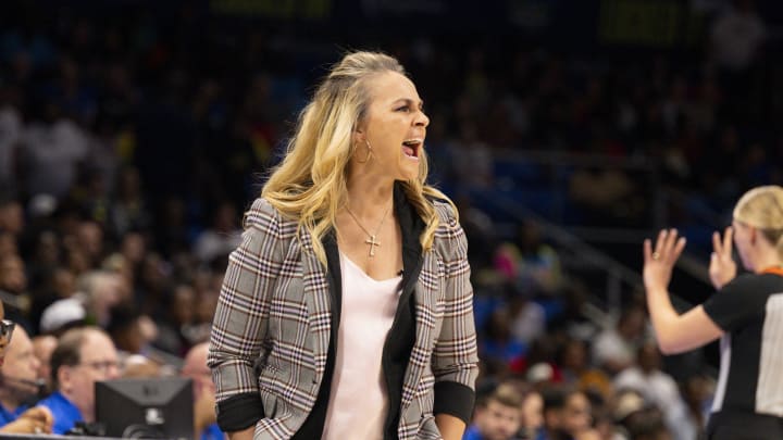 Sep 29, 2023; Arlington, Texas, USA; Las Vegas Aces head coach Becky Hammon yells to her team during the first half against the Dallas Wings during Game 3 of the 2023 WNBA semifinals at College Park Center.
