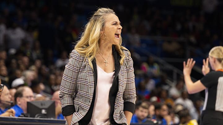 Sep 29, 2023; Arlington, Texas, USA; Las Vegas Aces head coach Becky Hammon yells to her team during the first half against the Dallas Wings during game three of the 2023 WNBA Playoffs at College Park Center. Mandatory Credit: Jerome Miron-Imagn Images