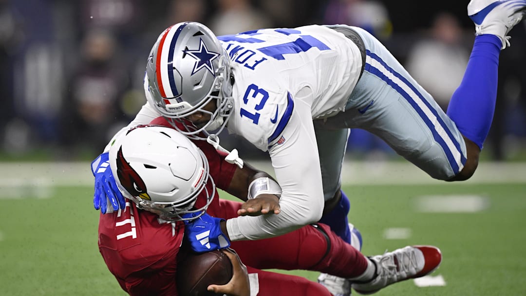 Dallas Cowboys defensive end Dante Fowler Jr. (13) sacks Arizona Cardinals quarterback Jacoby Brissett (7).