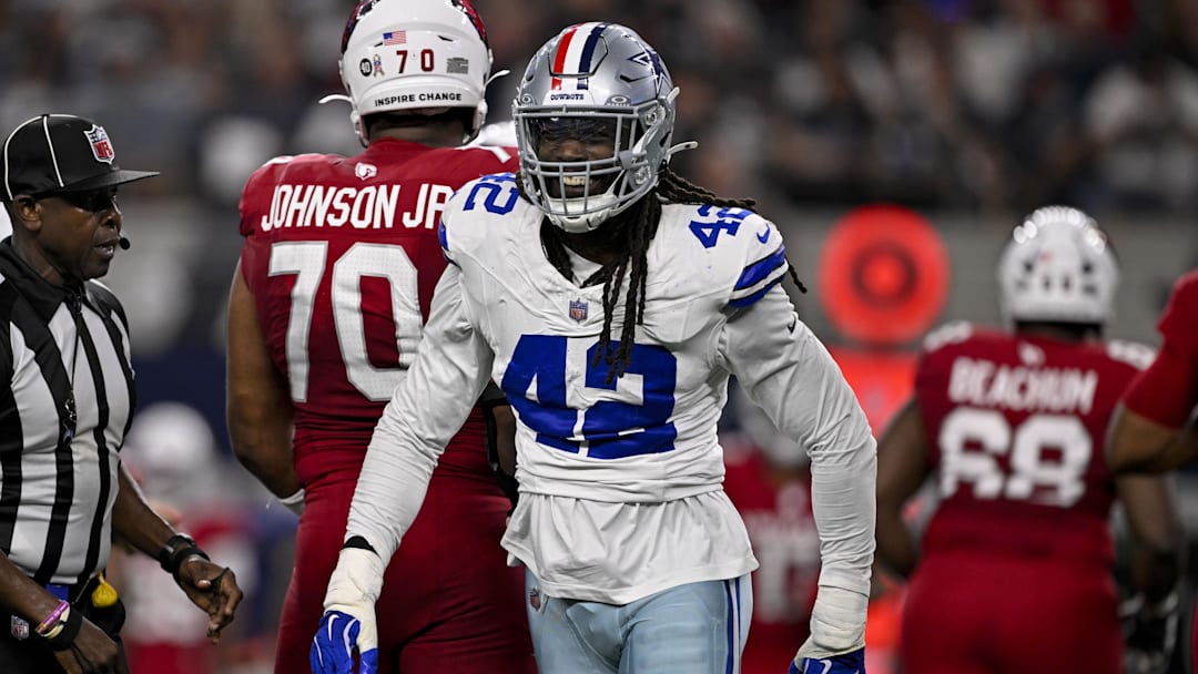 Dallas Cowboys defensive end Jadeveon Clowney (42) celebrates after he sacks Arizona Cardinals quarterback Jacoby Brissett (7) during the game between the Dallas Cowboys and the Arizona Cardinals at AT&T Stadium.