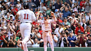 Boston Red Sox first baseman Romy Gonzalez reacts to Rafael Devers' home run against the New York Yankees