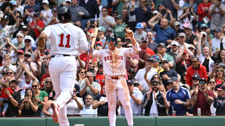 Boston Red Sox first baseman Romy Gonzalez reacts to Rafael Devers' home run against the New York Yankees Boston Red Sox first baseman Romy Gonzalez reacts to Rafael Devers' home run against the New York Yankees