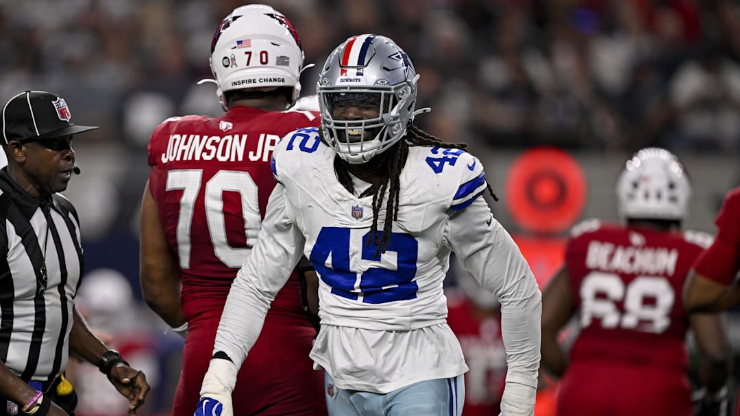 Nov 3, 2025; Arlington, Texas, USA; Dallas Cowboys defensive end Jadeveon Clowney (42) celebrates after he sacks Arizona Cardinals quarterback Jacoby Brissett (7) during the game between the Dallas Cowboys and the Arizona Cardinals at AT&T Stadium. Mandatory Credit: Jerome Miron-Imagn Images