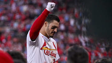 Mar 27, 2025; St. Louis, Missouri, USA;  St. Louis Cardinals third baseman Nolan Arenado (28) reacts as he receives a curtain call after hitting a solo home run against the Minnesota Twins during the eighth inning at Busch Stadium. Mandatory Credit: Jeff Curry-Imagn Images