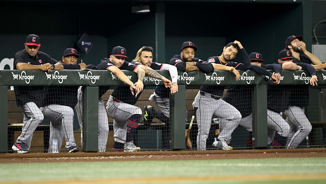 Aug 23, 2025; Arlington, Texas, USA; The Cleveland Guardians players look down from the team dugout during the game against the Texas Rangers at Globe Life Field. Mandatory Credit: Jerome Miron-Imagn Images