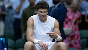 Ben Shelton of the United States celebrates winning his match against Marton Fucsovics at the 2025 Wimbledon Championships