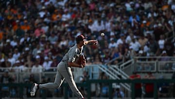 Jun 24, 2024; Omaha, NE, USA;  Texas A&M Aggies pitcher Josh Stewart (34) throws against the Tennessee Volunteers during the third inning at Charles Schwab Field Omaha. Mandatory Credit: Steven Branscombe-USA TODAY Sports