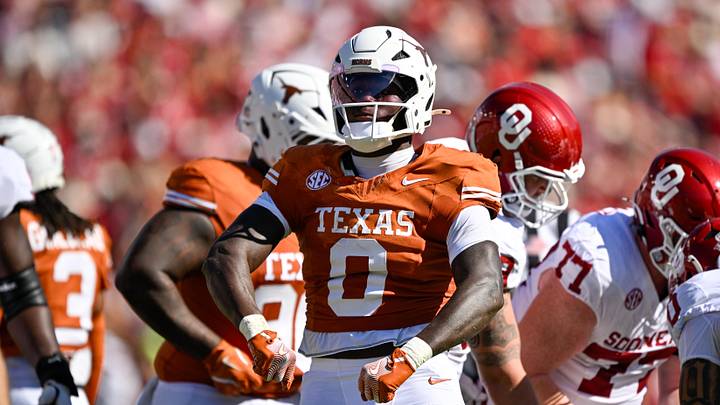 Oct 11, 2025; Dallas, Texas, USA; Texas Longhorns linebacker Anthony Hill Jr. (0) celebrates during the game between the Texas Longhorns and the Oklahoma Sooners at the Cotton Bowl. Mandatory Credit: Jerome Miron-Imagn Images