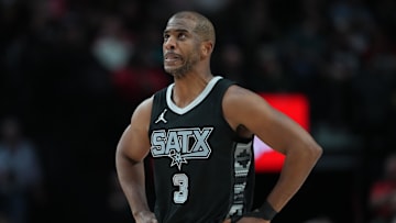 Apr 6, 2025; Portland, Oregon, USA; San Antonio Spurs point guard Chris Paul (3) looks on during the first half against the Portland Trail Blazers at Moda Center. Mandatory Credit: Soobum Im-Imagn Images
