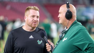 Sep 16, 2023; Tampa, Florida, USA;  South Florida Bulls head coach Alex Golesh gives an interview after losing to the Alabama Crimson Tide at Raymond James Stadium. Mandatory Credit: Nathan Ray Seebeck-USA TODAY Sports