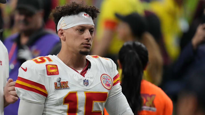 Feb 9, 2025; New Orleans, LA, USA; Kansas City Chiefs quarterback Patrick Mahomes (15) takes the field before Super Bowl LIX against the Philadelphia Eagles at Caesars Superdome. Mandatory Credit: Kirby Lee-Imagn Images