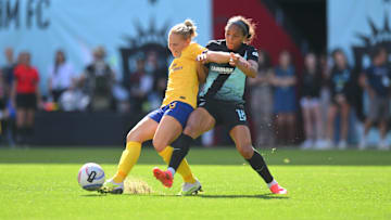 Utah Royals FC midfielder Agnes Nyberg (6) battles for the ball with NJ/NY Gotham FC midfielder Yazmeen Ryan (18) 