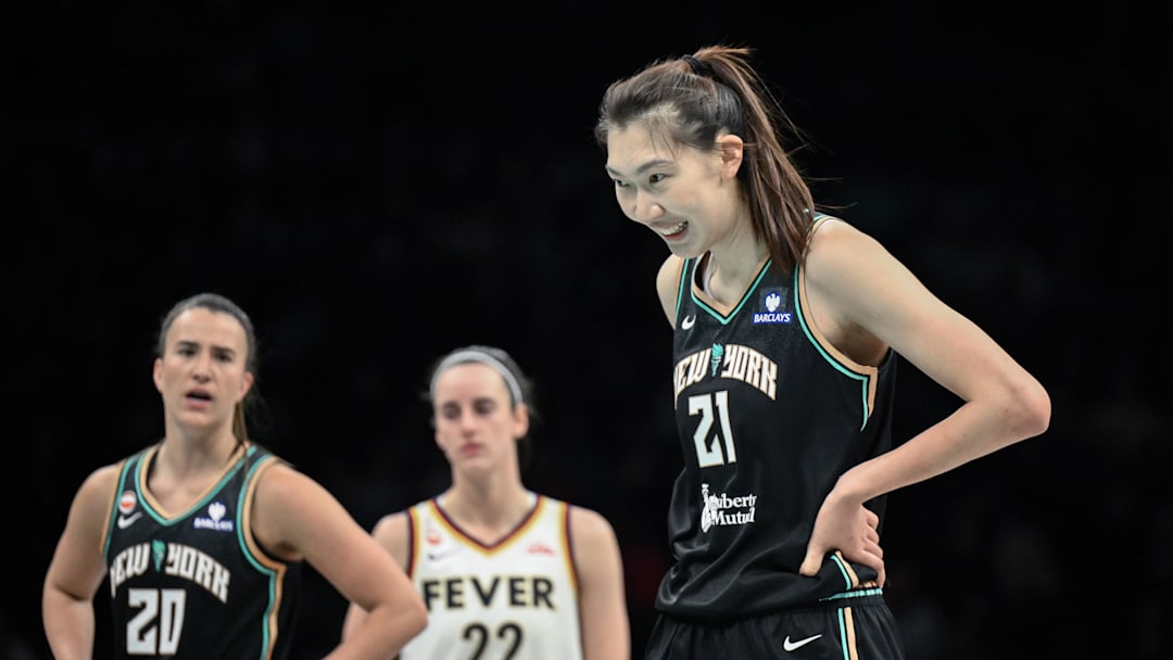 Apr 25, 2026; Brooklyn, NY, USA; New York Liberty center Han Xu (21) reacts during the first half against the Indiana Fever at Barclays Center. Mandatory Credit: John Jones-Imagn Images