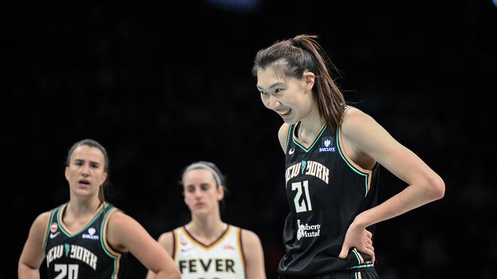 Apr 25, 2026; Brooklyn, NY, USA; New York Liberty center Han Xu (21) reacts during the first half against the Indiana Fever at Barclays Center. Mandatory Credit: John Jones-Imagn Images