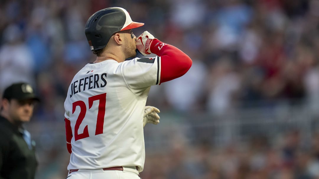Aug 19, 2025; Minneapolis, Minnesota, USA; Minnesota Twins catcher Ryan Jeffers (27) celebrates hitting a home run against the Athletics in the fifth inning at Target Field.