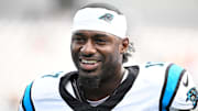 Oct 5, 2025; Charlotte, North Carolina, USA; Carolina Panthers wide receiver Xavier Legette (17) on the field before the gsme at Bank of America Stadium. 