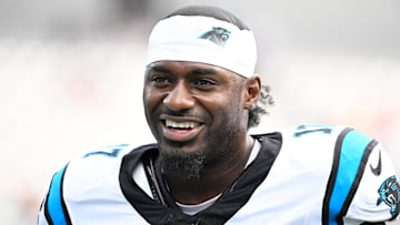Oct 5, 2025; Charlotte, North Carolina, USA; Carolina Panthers wide receiver Xavier Legette (17) on the field before the gsme at Bank of America Stadium. 