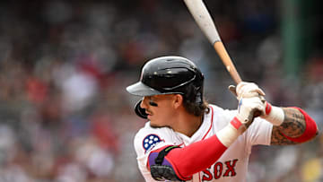 May 25, 2025; Boston, Massachusetts, USA; Boston Red Sox left fielder Jarren Duran (16) bats against the Baltimore Orioles during the first inning at Fenway Park. Mandatory Credit: Brian Fluharty-Imagn Images