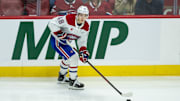 Apr 11, 2025; Ottawa, Ontario, CAN; Montreal Canadiens defenseman Lane Hutson (48) skates with the puck in the third period against the Ottawa Senators at the Canadian Tire Centre. Mandatory Credit: Marc DesRosiers-Imagn Images