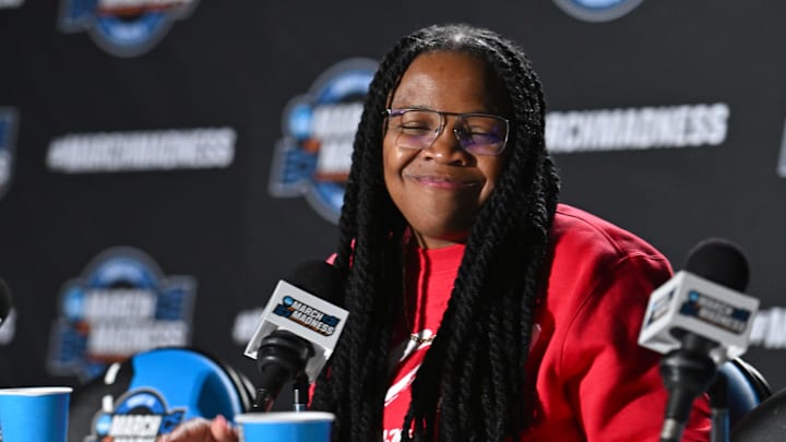 Mar 27, 2025; Spokane, WA, USA; Ole Miss Rebels head coach Yolett McPhee-McCuin talks with media during an NCAA Tournament practice session at Spokane Arena. Mandatory Credit: James Snook-Imagn Images