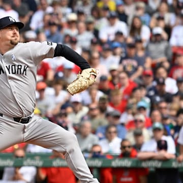 Jun 15, 2025; Boston, Massachusetts, USA; New York Yankees relief pitcher Mark Leiter Jr. (56) pitches against the Boston Red Sox during the eighth inning at Fenway Park. Mandatory Credit: Eric Canha-Imagn Images