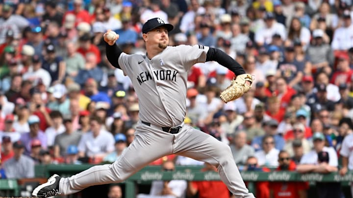 Jun 15, 2025; Boston, Massachusetts, USA; New York Yankees relief pitcher Mark Leiter Jr. (56) pitches against the Boston Red Sox during the eighth inning at Fenway Park. Mandatory Credit: Eric Canha-Imagn Images