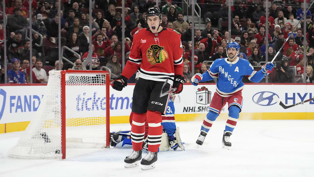 Dec 10, 2025; Chicago, Illinois, USA; Chicago Blackhawks defenseman Louis Crevier (46) celebrates his goal against the New York Rangers during the second period at United Center. Mandatory Credit: David Banks-Imagn Images