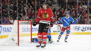 Dec 10, 2025; Chicago, Illinois, USA; Chicago Blackhawks defenseman Louis Crevier (46) celebrates his goal against the New York Rangers during the second period at United Center. Mandatory Credit: David Banks-Imagn Images