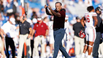 Sep 7, 2024; Lexington, Kentucky, USA; South Carolina Gamecocks head coach Shane Beamer celebrates during the fourth quarter against the Kentucky Wildcats at Kroger Field. Mandatory Credit: Jordan Prather-Imagn Images