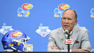 Jul 10, 2024; Las Vegas, NV, USA; Kansas Jayhawks head coach Lance Leipold speaks to the media during the Big 12 Media Days at Allegiant Stadium. Mandatory Credit: Candice Ward-USA TODAY Sports