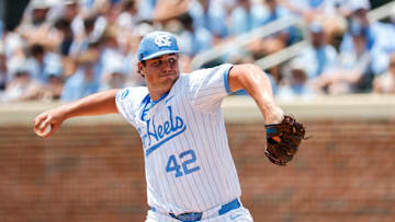 Jun 8, 2025; Chapel Hill, NC, USA; North Carolina pitcher Jake Knapp (42) pitches the ball during the seventh inning of the Super Regionals game against Arizona in Chapel Hill, North Carolina. Mandatory Credit: Jaylynn Nash-Imagn Images