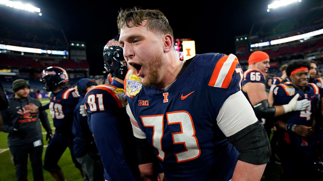Illinois offensive lineman Josh Gesky (73) celebrating the win over Tennessee in the Music City Bowl NCAA college football game on Dec. 30, 2025, in Nashville, Tennessee.