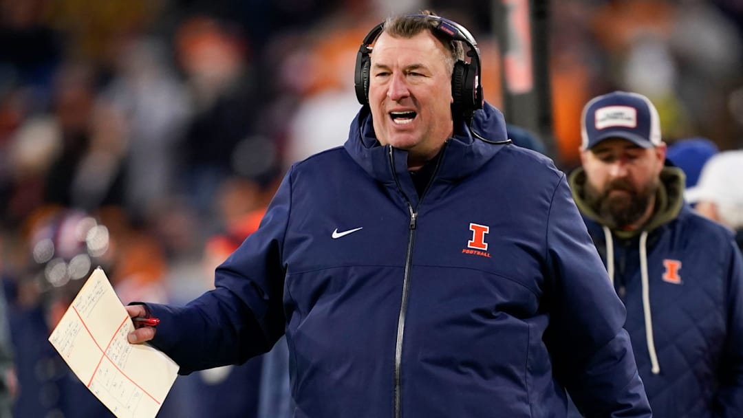 Illinois coach Bret Bielema disputes a call in the first quarter of the Music City Bowl against Tennessee in an NCAA football game on Dec. 30, 2025, in Nashville, Tennessee.