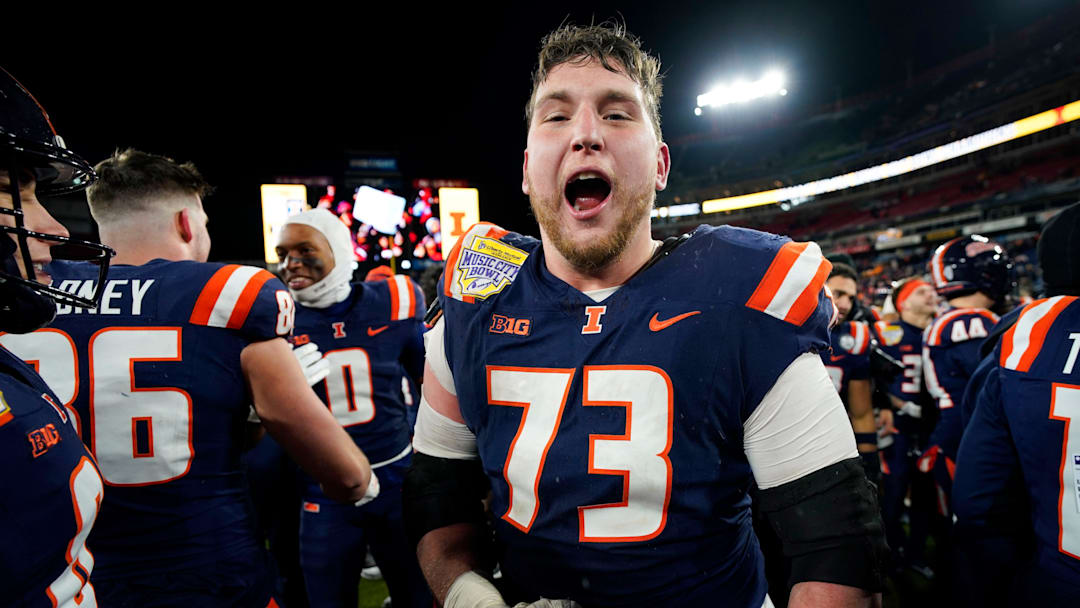 Illinois offensive lineman Josh Gesky (73) celebrating the win over Tennessee in the Music City Bowl NCAA college football game on Dec. 30, 2025, in Nashville, Tennessee.