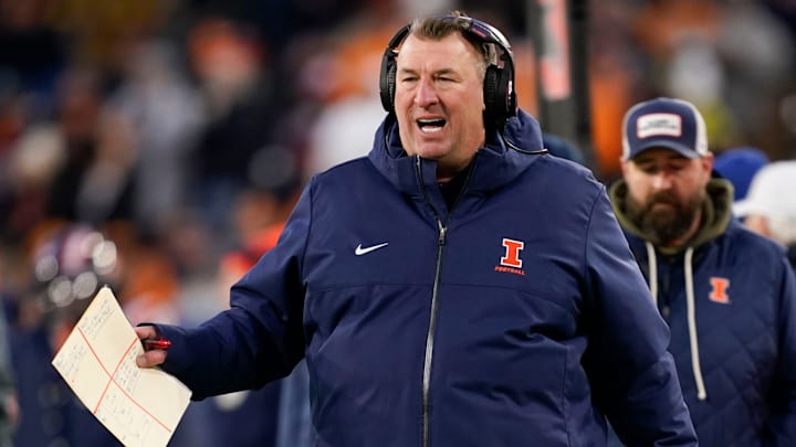 Illinois coach Bret Bielema disputes a call in the first quarter of the Music City Bowl against Tennessee in an NCAA football game on Dec. 30, 2025, in Nashville, Tennessee.
